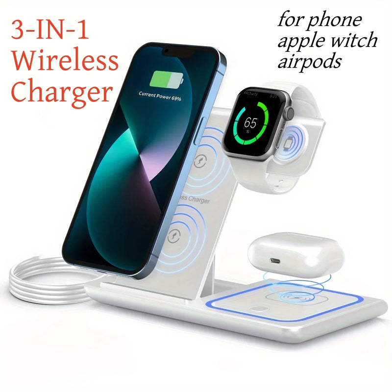 3 in 1 LED Fast Wireless Charger Stand Foldable Charging Station For iPhone 15 14 13 12 11 Apple Watch 9 8 7 6 5 Airpods Pro