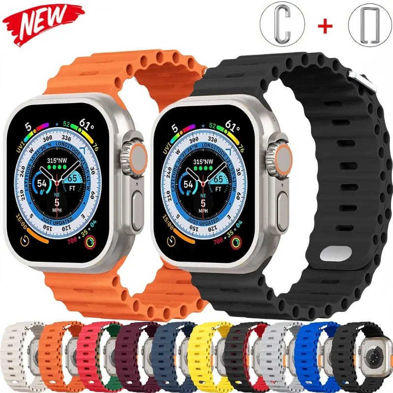 Pulseira Ocean para Apple Watch Ultra Band 49mm 8 7 45mm 41mm Pulseira de silicone iWatch 6 5 4 3 SE 44mm 40mm 42mm 38mm banda