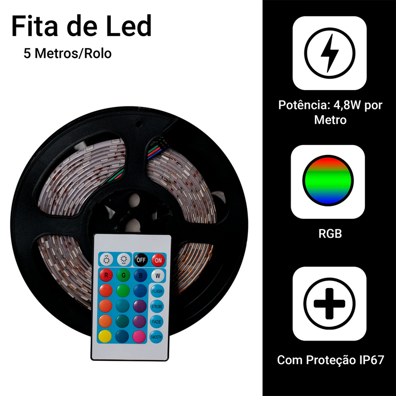 Rolo de Fita Led Rgb 5050 5m Ip65 + Controle + Fonte 12v Bivolt